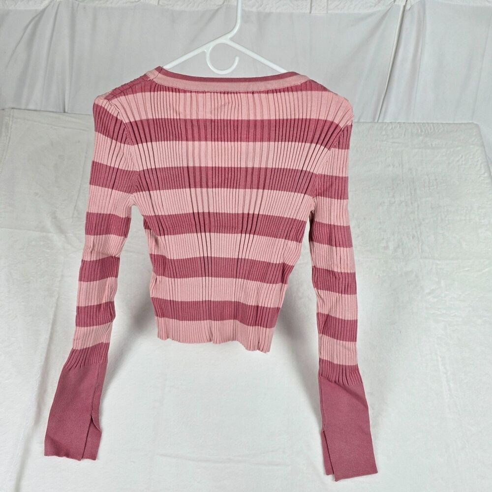 Striped Cropped Cardigan Women Large Pink Maroon Ribbed Knit V-Neck Sweater Top - Picture 2 of 7